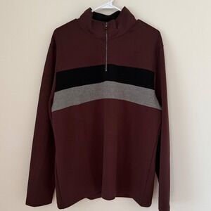 Magaschoni Men's Quarter-Zip Pullover Burgundy Black Gray Stripe Size L